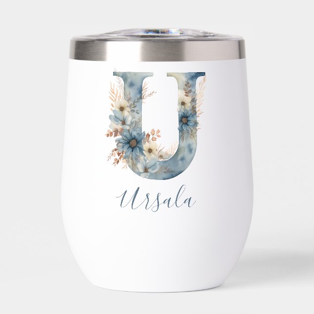 Monogramme U Blue Floral Aquarelle Cadeau (Avant)