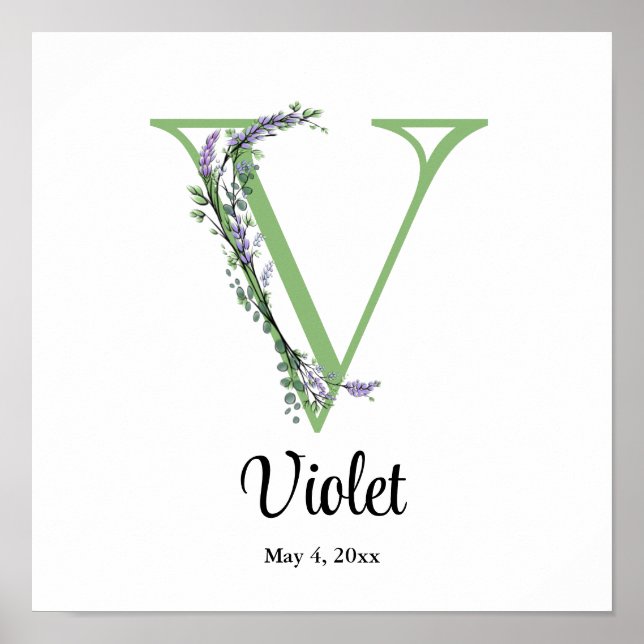 Monogramme V Lavender Eucalyptus nursery Poster (Devant)