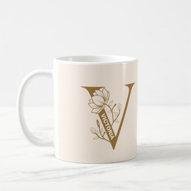 Monogramme "V" Mug de café avec nom personnalisé (Gauche)