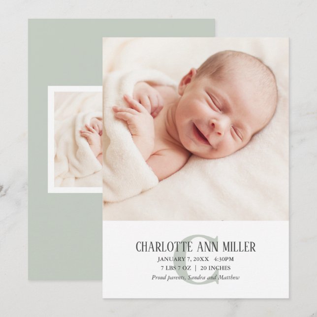 Monogramme vert Faire-part de naissance bébé (Devant / Derrière)