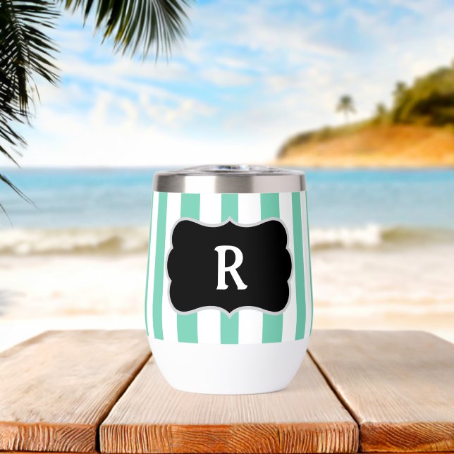 Monogramme vert mousse de mer et rayures de cabane (Plage (pivotée))
