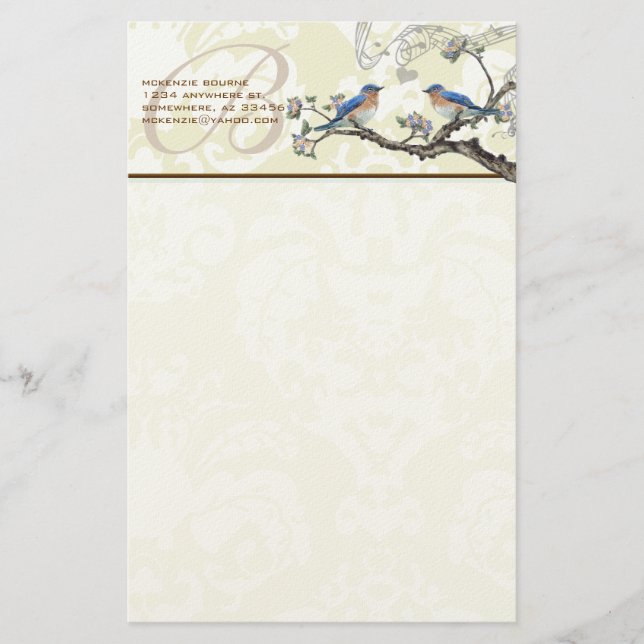 Monogramme Vintage Birds Flower Branch Papeterie (Devant)