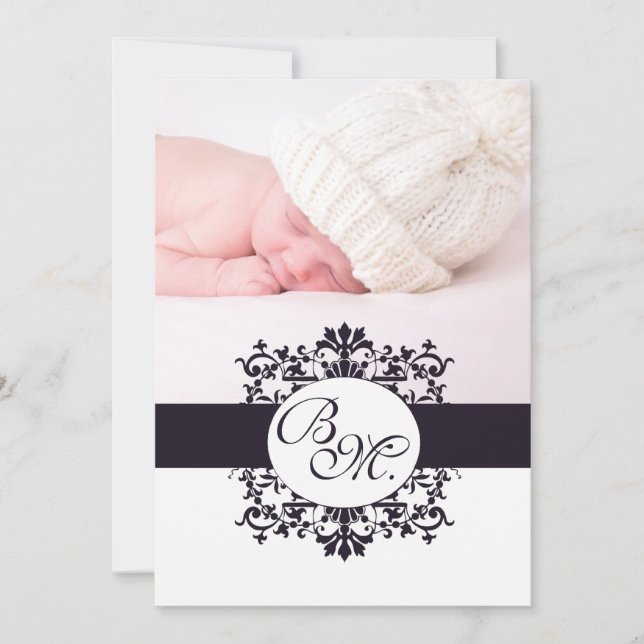 Monogramme Vintage noir Faire-part bébé et photo (Devant)