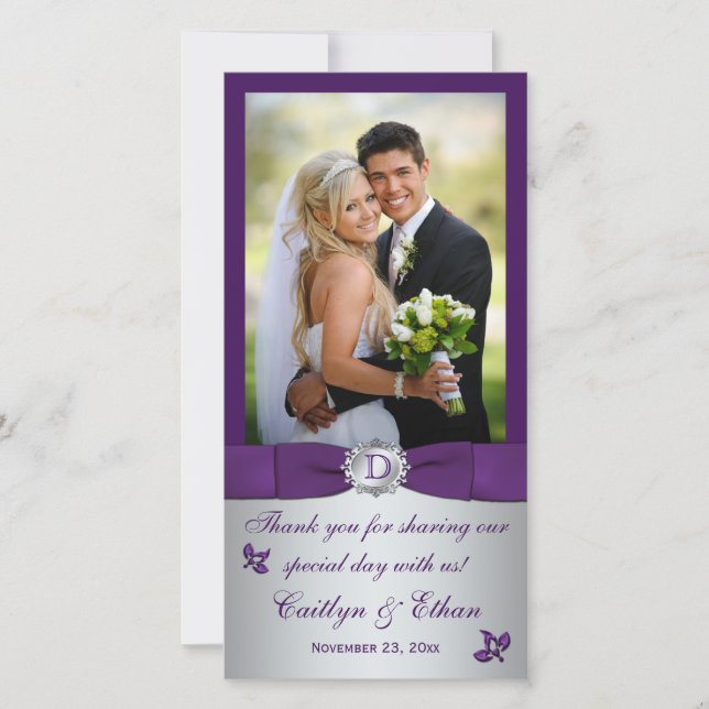 Monogramme violet, argent Mariage Carte photo (Devant)