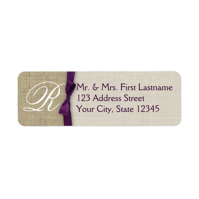Monogramme violet au ruban et au burlap (Devant)