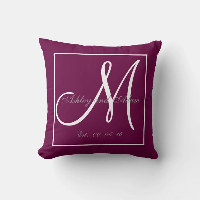 Monogramme violet de vin Mariage Keepsaké Coussin (Recto)