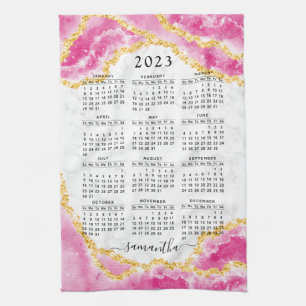 Monogrammed 2023 Calendar Girly Elegant Pink White Kitchen Towel