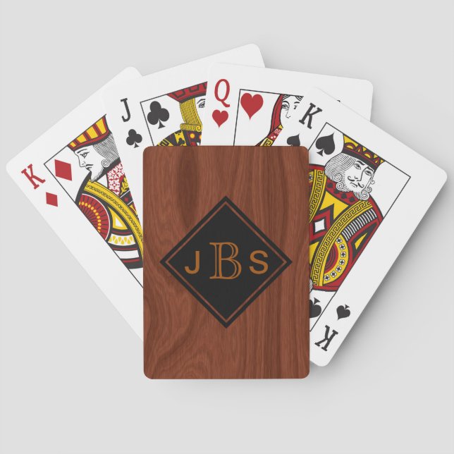 Monogrammed 3 Letters | Mahogany Woodgrain Look Playing Cards (Back)