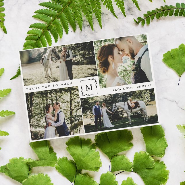 Monogrammed 4 Photo Collage Wedding Thank You (Creator Uploaded)
