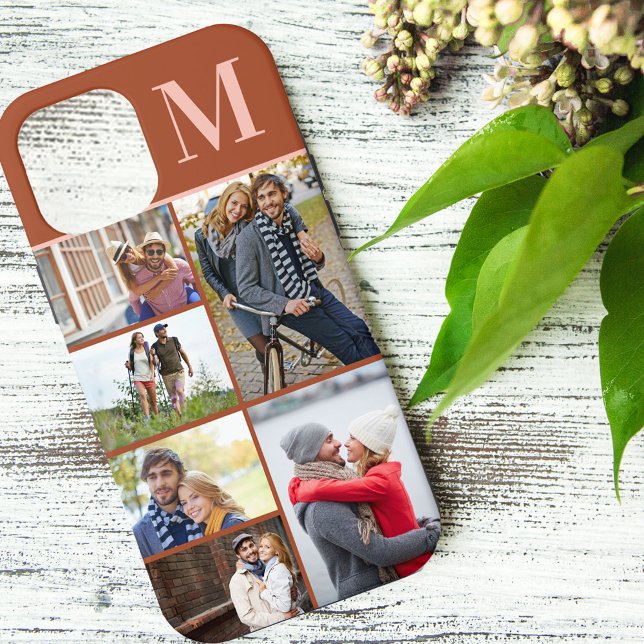 Monogrammed 5 Photo Collage Burnt Orange Case-Mate iPhone Case (Creator Uploaded)