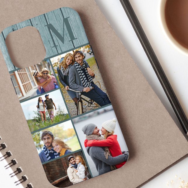 Monogrammed 6 Photo Collage Coastal Blue Wood Case-Mate iPhone Case (Creator Uploaded)