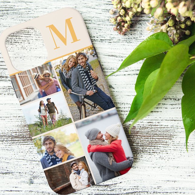 Monogrammed 6 Photo Collage Cream Yellow Case-Mate iPhone Case (Creator Uploaded)