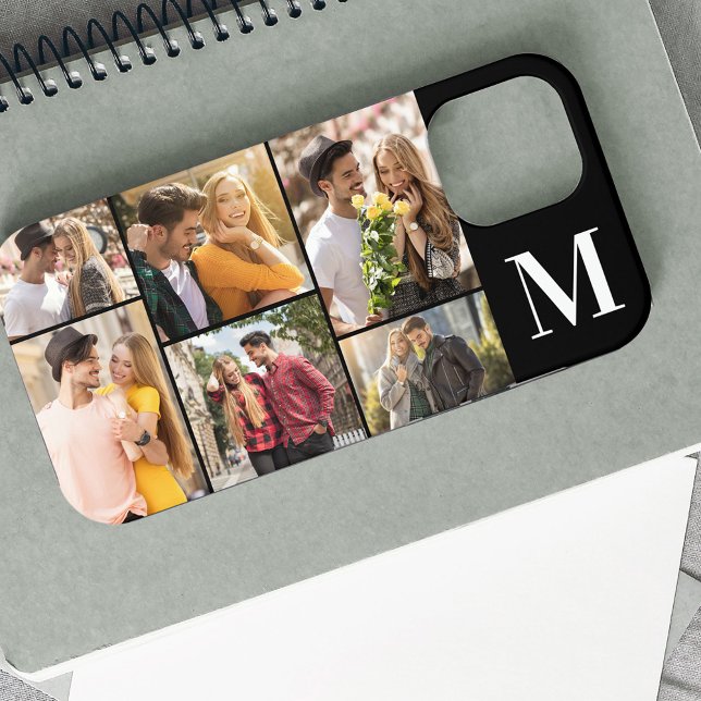 Monogrammed 6 Photo Collage Horizontal Black White Case-Mate iPhone Case (Creator Uploaded)