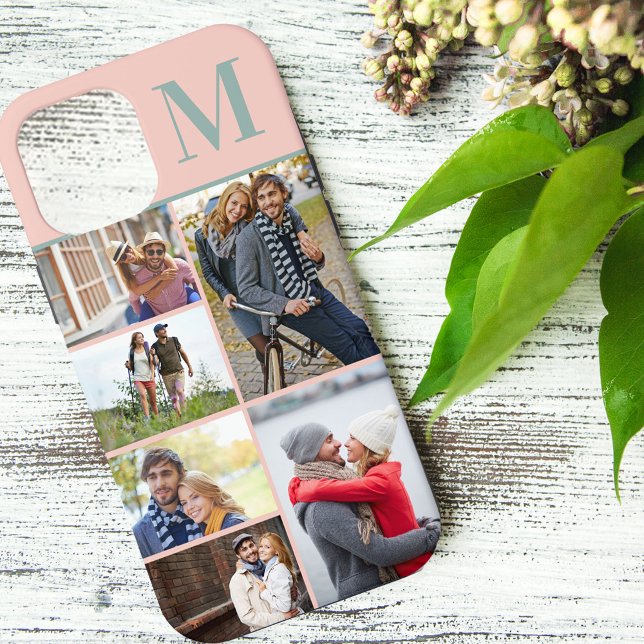 Monogrammed 6 Photo Collage Peach Green Case-Mate iPhone Case (Creator Uploaded)