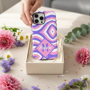 Monogrammed 70s Groovy pink & purple psychedelic iPhone 16 Pro Max Case