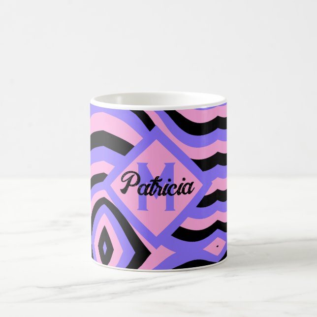 monogrammed 70s pink & purple psychedelic black coffee mug (Center)