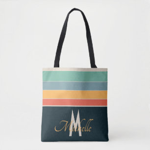 Monogrammed 70s Vintage Stripes pattern Tote Bag