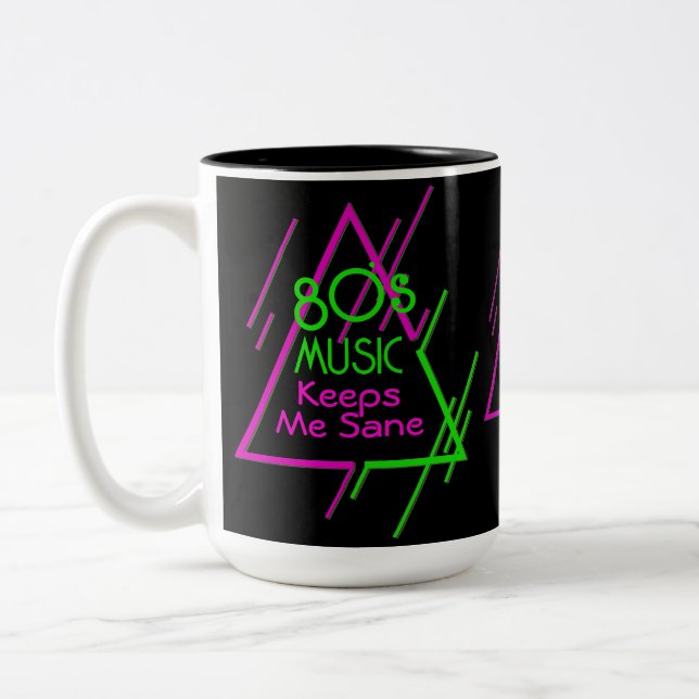 Monogrammed 80's Music Keeps Me Sane Black 2 Two-Tone Coffee Mug (Left)