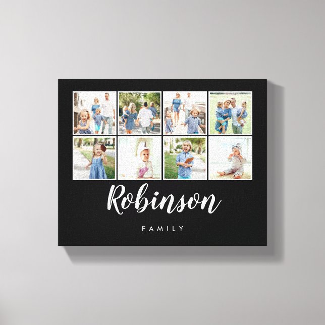 Monogrammed 8 Photo Family Collage Black Canvas Print (Front)