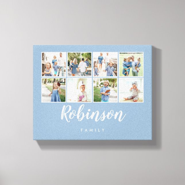 Monogrammed 8 Photo Family Collage Light Blue Canvas Print (Front)