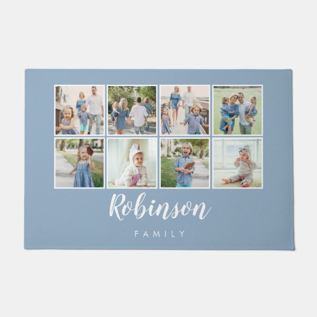 Monogrammed 8 Photo Family Collage Light Blue Doormat (Front)