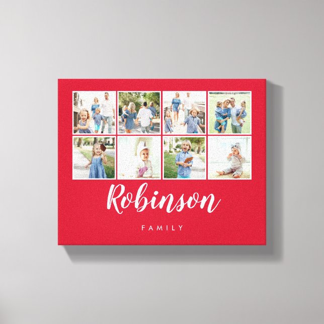 Monogrammed 8 Photo Family Collage Red Canvas Print (Front)