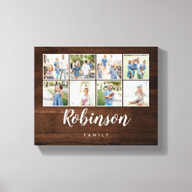 Monogrammed 8 Photo Family Collage Rustic Wood Canvas Print (Front)