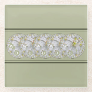 Monogrammed Abstract Daisy Flower Yellow Grey Glass Coaster