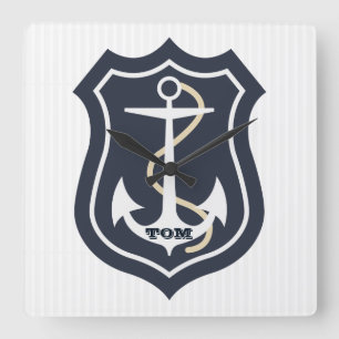 Monogrammed Anchor And Rope Square Wall Clock