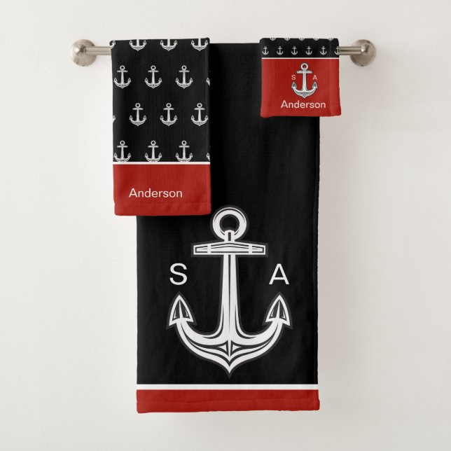 Monogrammed Anchor Nautical Black, White, Red Bath Towel Set (Insitu)