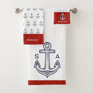 Monogrammed Anchor Nautical White, Red Bath Towel Set