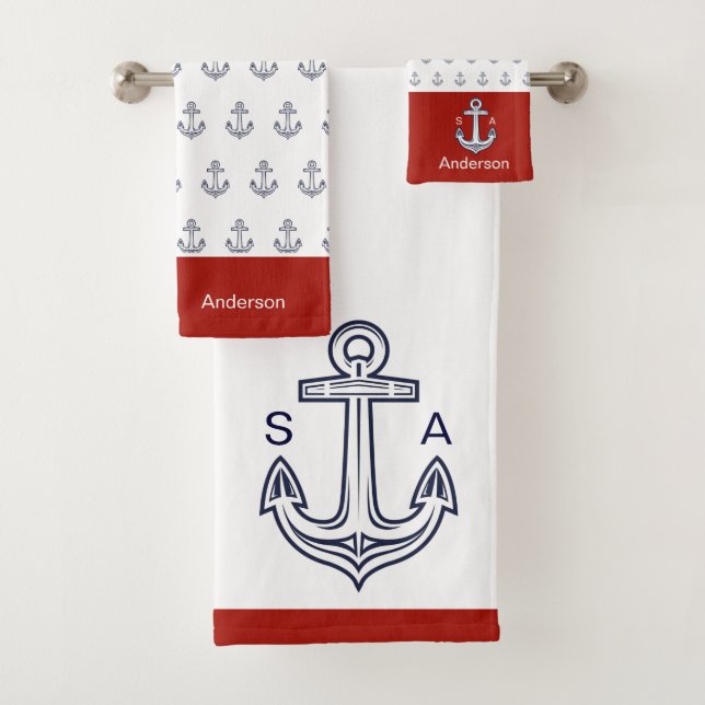 Monogrammed Anchor Nautical White, Red Bath Towel Set (Insitu)