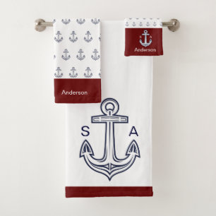 Monogrammed Anchor Nautical White, Red Maroon Bath Towel Set