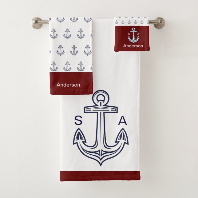 Monogrammed Anchor Nautical White, Red Maroon Bath Towel Set (Insitu)