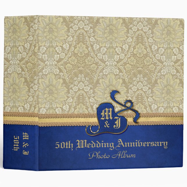 Monogrammed Antique Damask Gold Royal Blue Velvet Binder (Front/Spine)