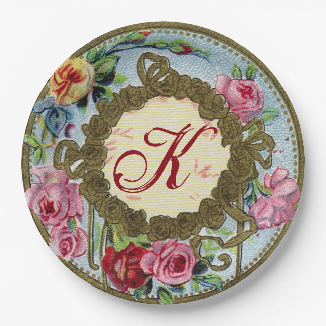 Monogrammed Antique French Rose Picnic Paper Plate (Front)