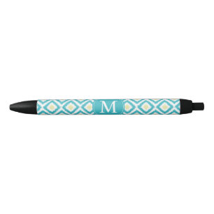 Monogrammed Aqua and Yellow Ikat Pattern Black Ink Pen