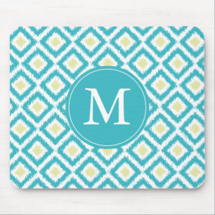 Monogrammed Aqua and Yellow Ikat Pattern Mouse Pad