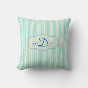 Monogrammed Aqua and Yellow Striped Throw Pillow