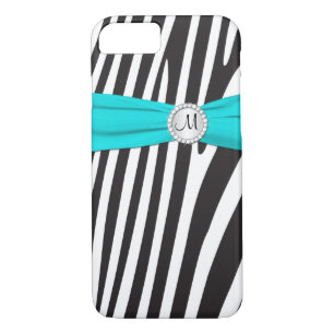 Monogrammed Aqua, Black, White Zebra Striped Case-Mate iPhone Case