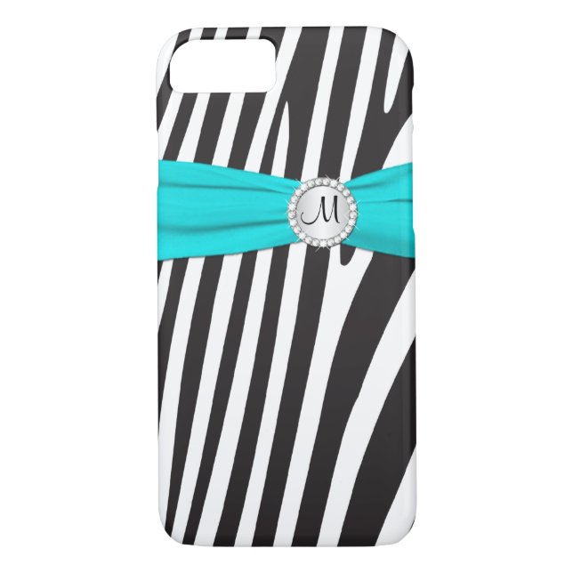 Monogrammed Aqua, Black, White Zebra Striped Case-Mate iPhone Case (Back)