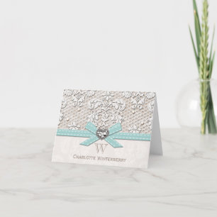 Monogrammed Aqua Blue Vintage Lace Note Cards