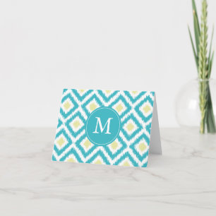 Monogrammed Aqua Lemon Diamonds Ikat Pattern Note Card