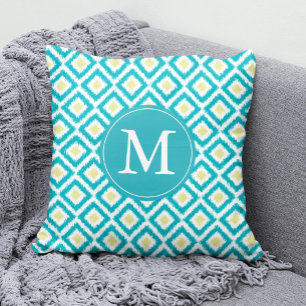 Monogrammed Aqua Lemon Diamonds Ikat Pattern Throw Pillow
