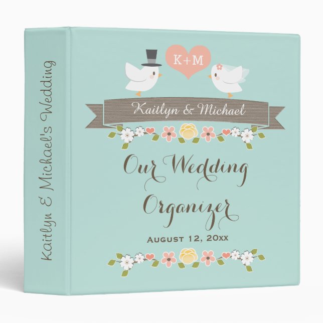 Monogrammed Aqua Love Birds Dove Wedding Planner Binder (Front/Spine)
