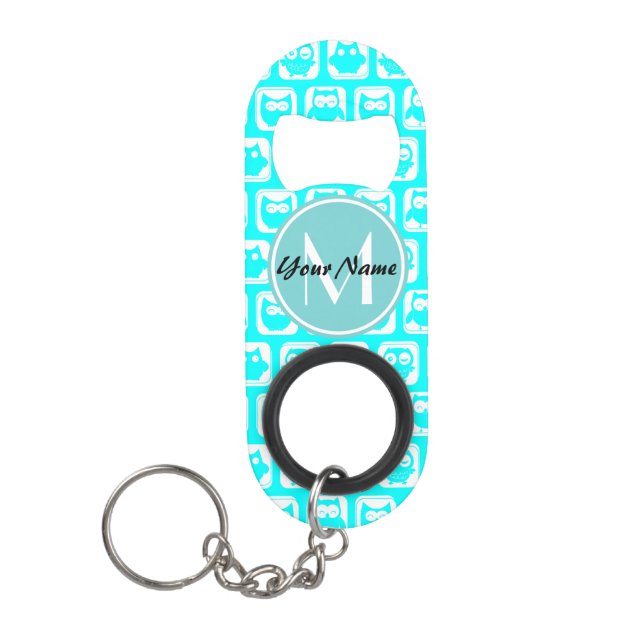 Monogrammed Aqua Turquoise Owls Mini Bottle Opener (Front)