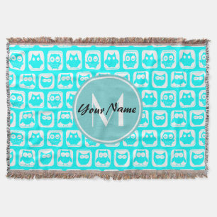 Monogrammed Aqua Turquoise Owls Throw Blanket