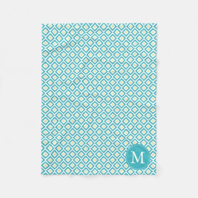 Monogrammed Aqua Yellow Diamonds Ikat Pattern Fleece Blanket (Front)