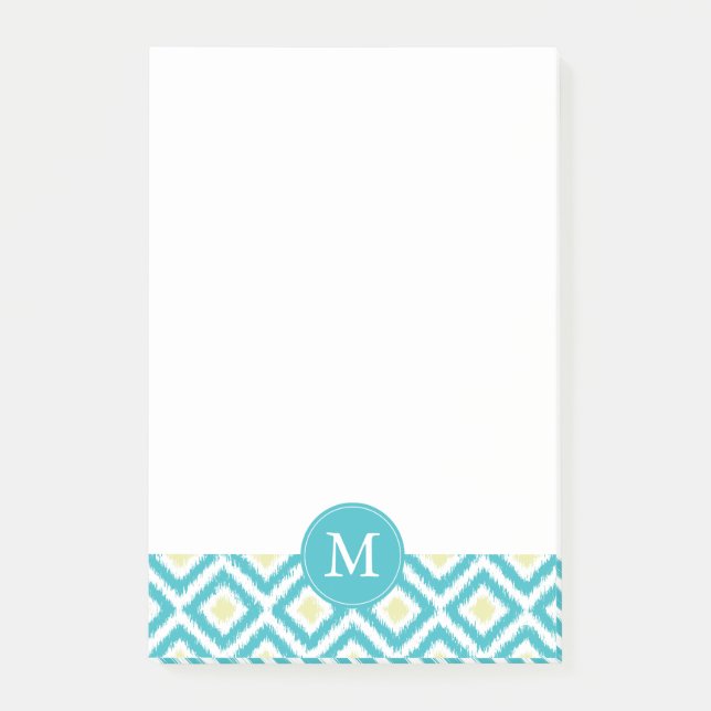 Monogrammed Aqua Yellow Diamonds Ikat Pattern Post-it Notes (Front)