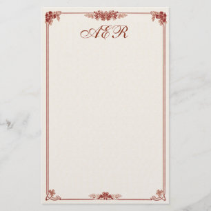 Monogrammed Art Nouveau Red Bordered Stationery